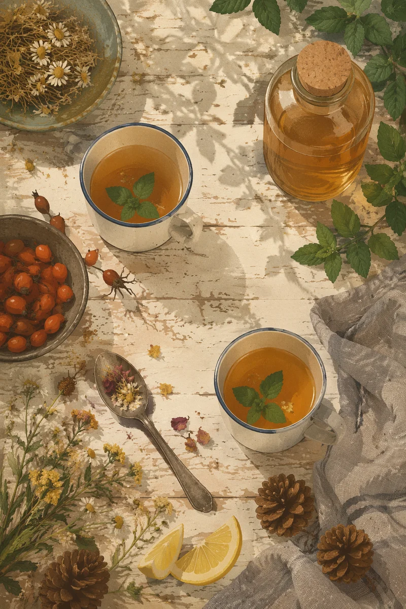 Rustic Herbal Tea Flat Lay with Dried Flowers