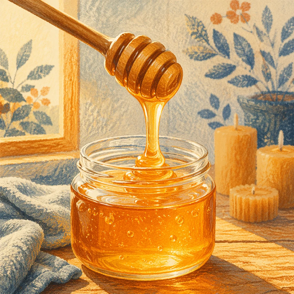 Golden Honey Dripping Into Glass Jar