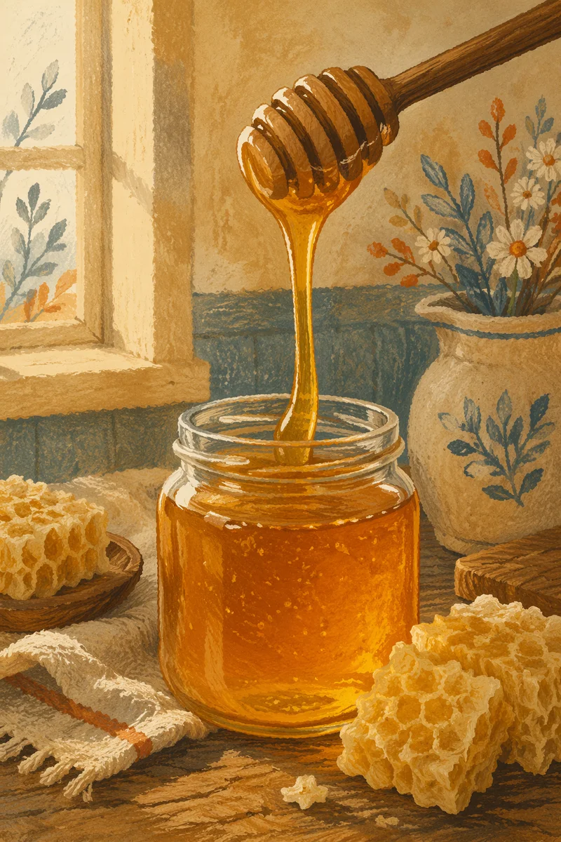 Golden Honey Dripping Into Glass Jar