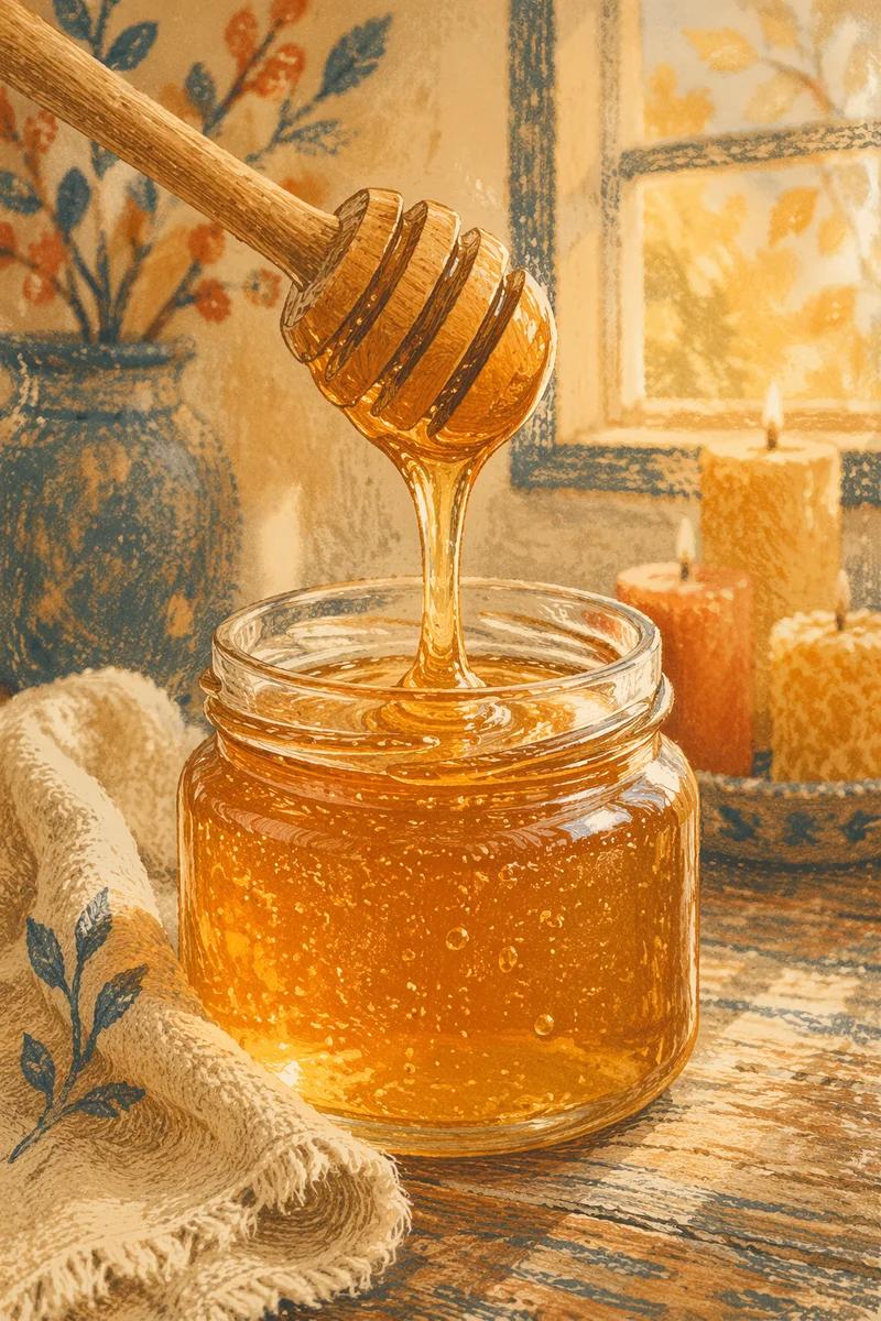 Golden Honey Dripping Into Glass Jar