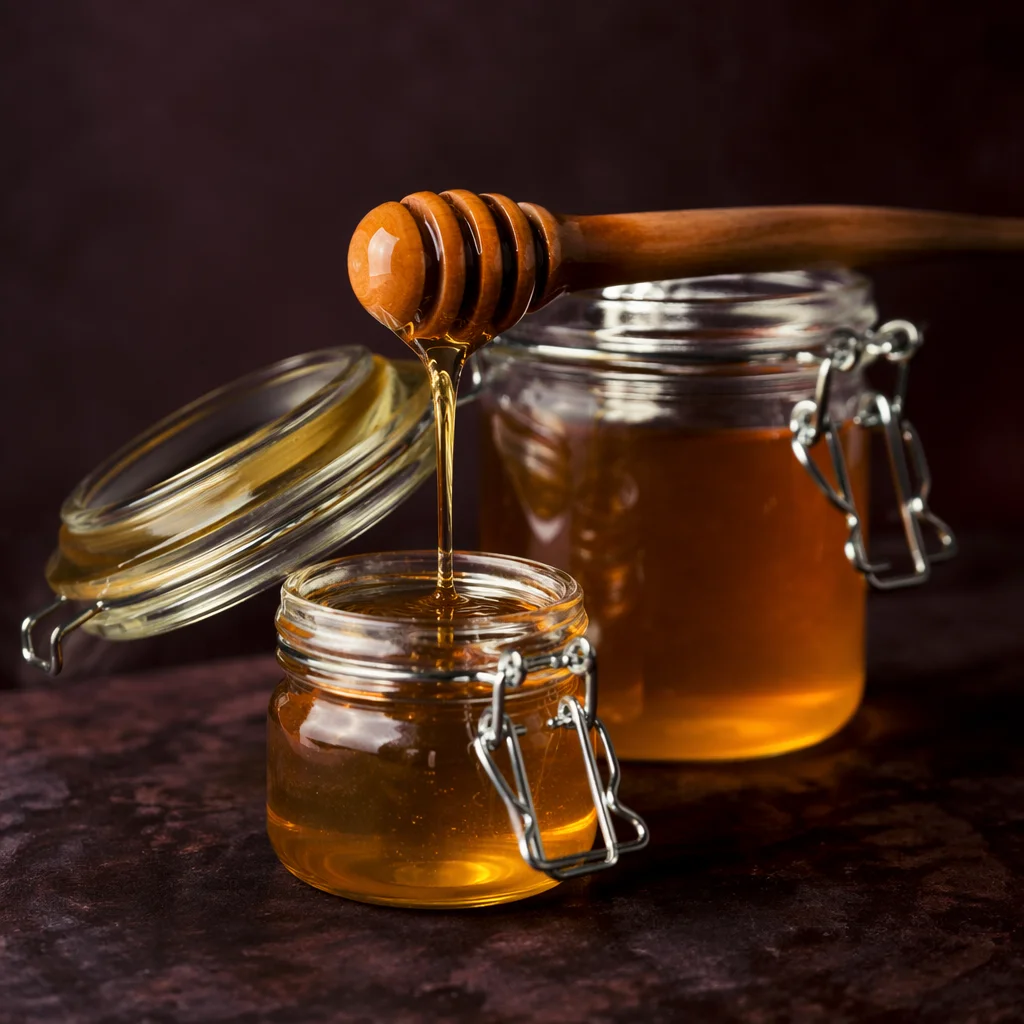 Golden Honey Dripping Into Glass Jar