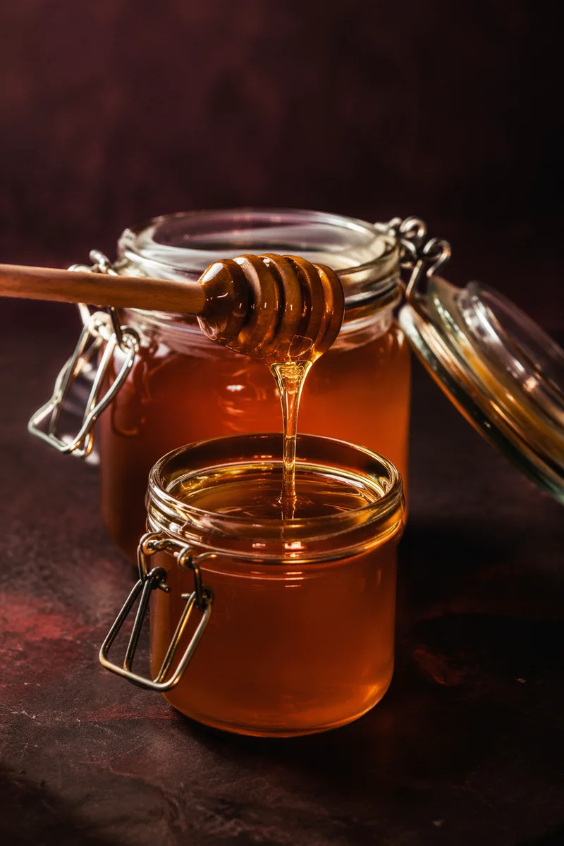 Golden Honey Dripping Into Glass Jar
