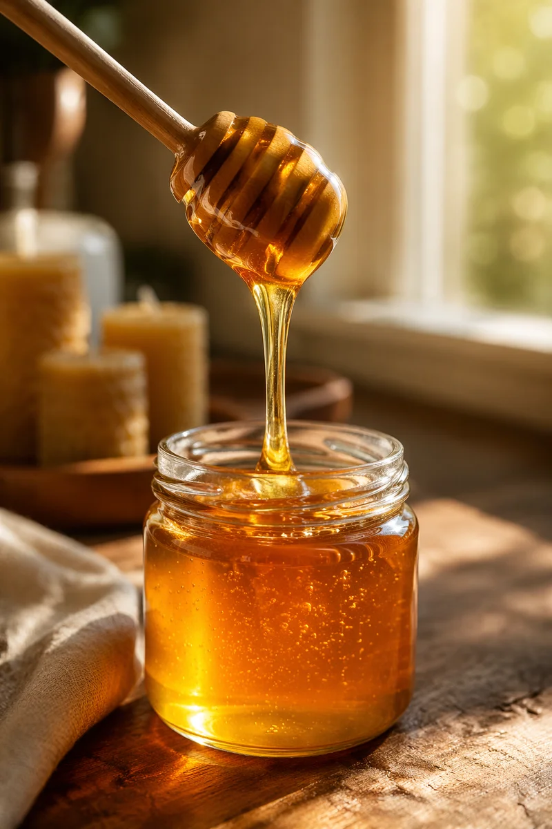 Golden Honey Dripping Into Glass Jar