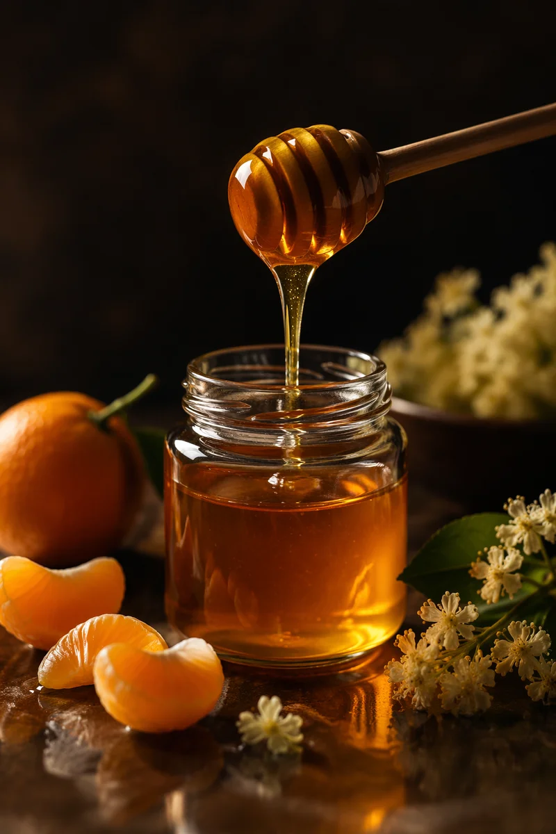 Golden Honey Dripping Into Glass Jar