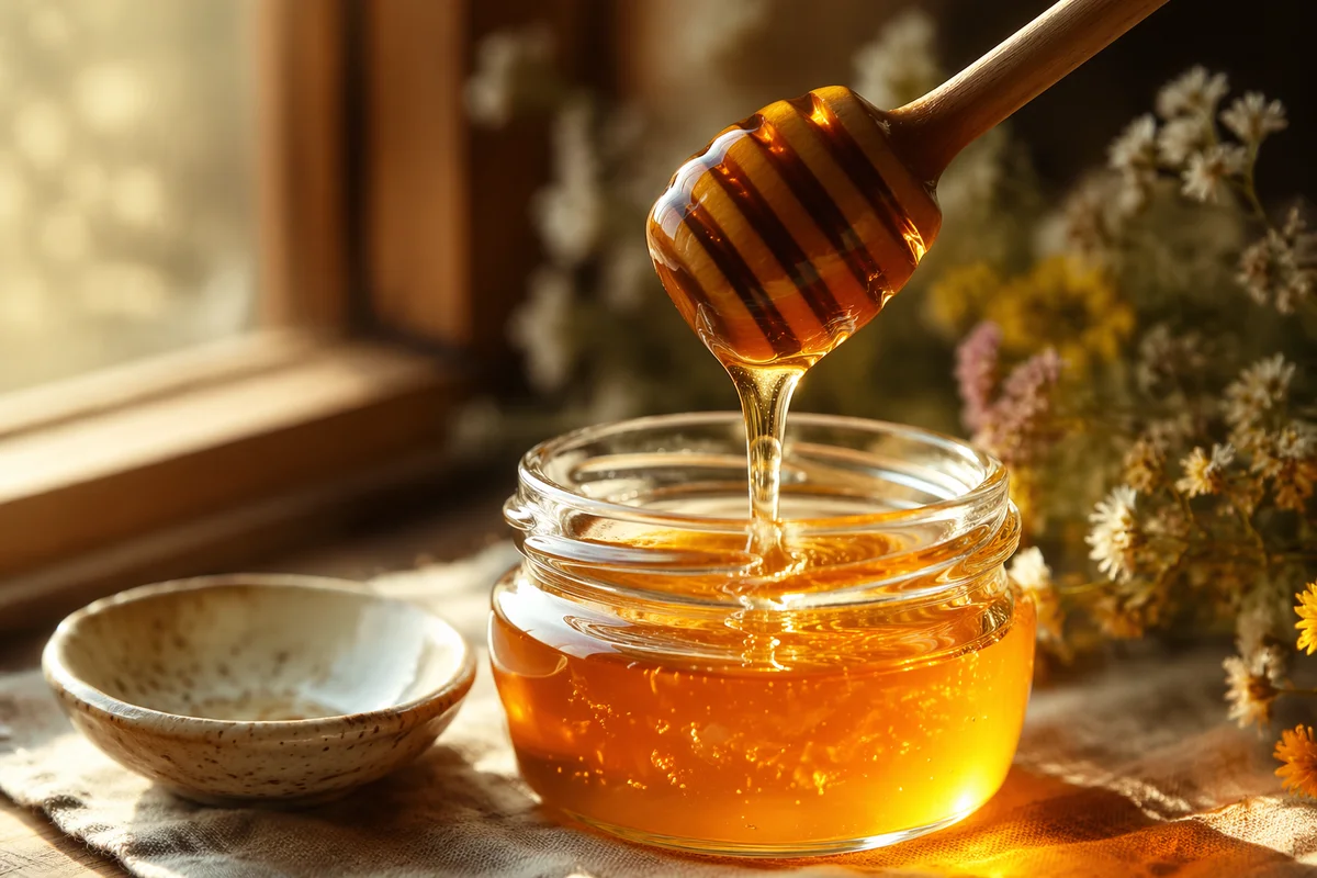 Golden Honey Dripping Into Glass Jar