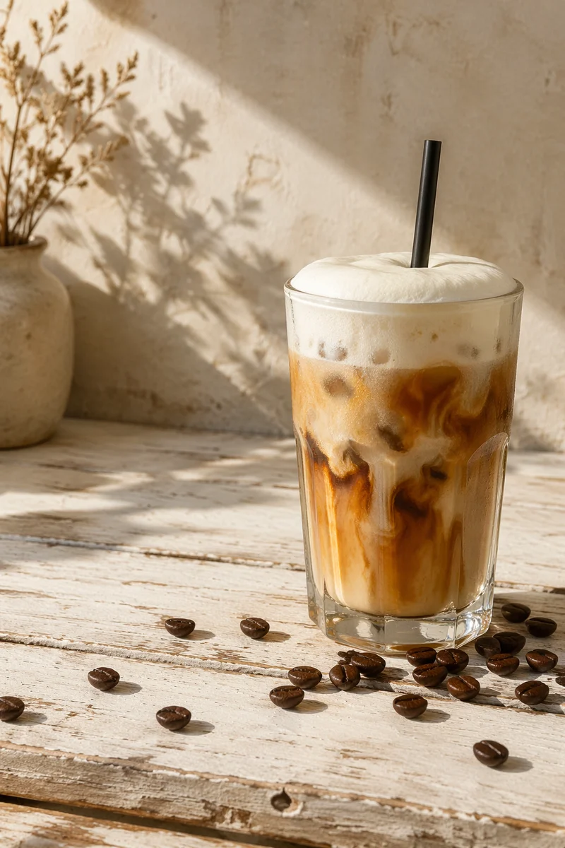 Cream Swirled Iced Coffee on Rustic Wood