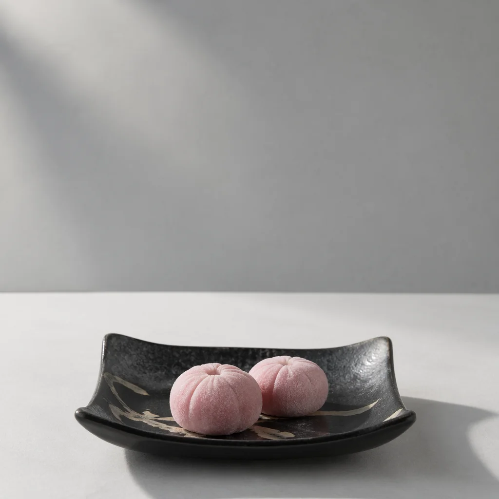 Pink Japanese Wagashi on Black Ceramic Plate