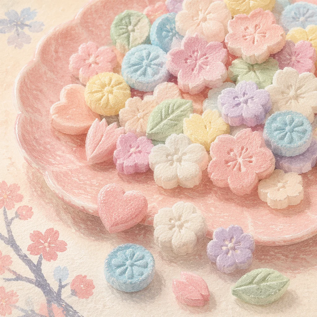 Pastel Japanese Wagashi on Pink Ceramic Plate