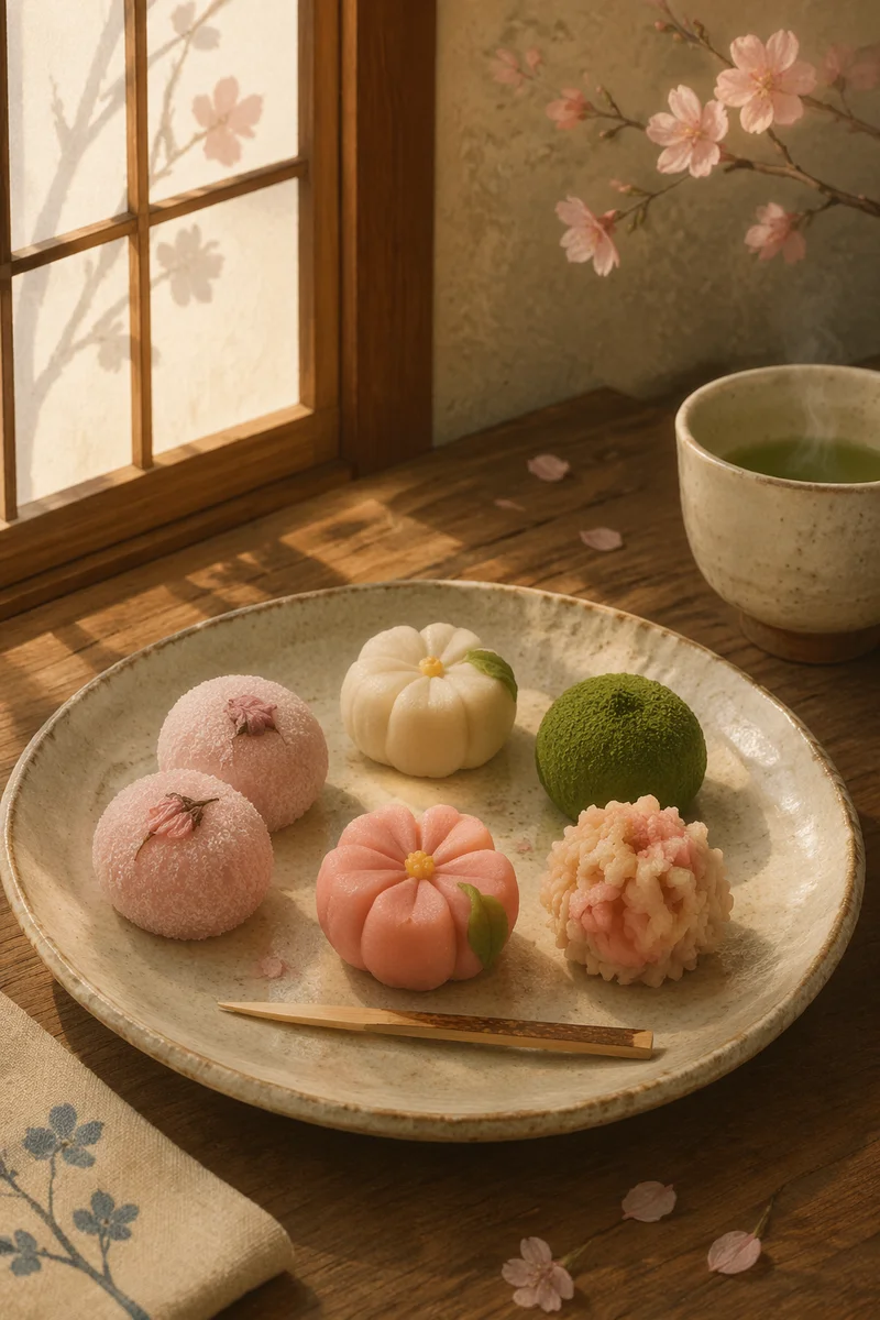 Japanese Wagashi Sweets in Quiet Tea Room