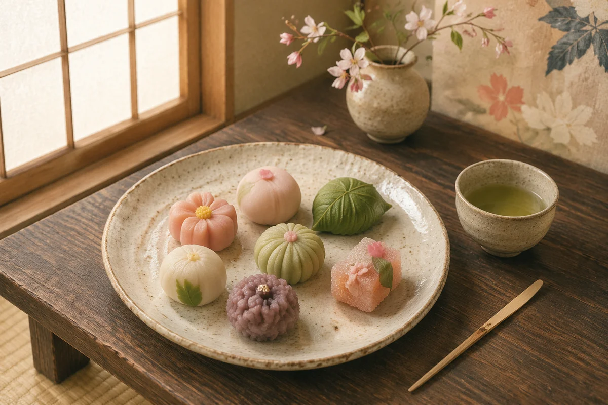 Japanese Wagashi Sweets on Ceramic Plate
