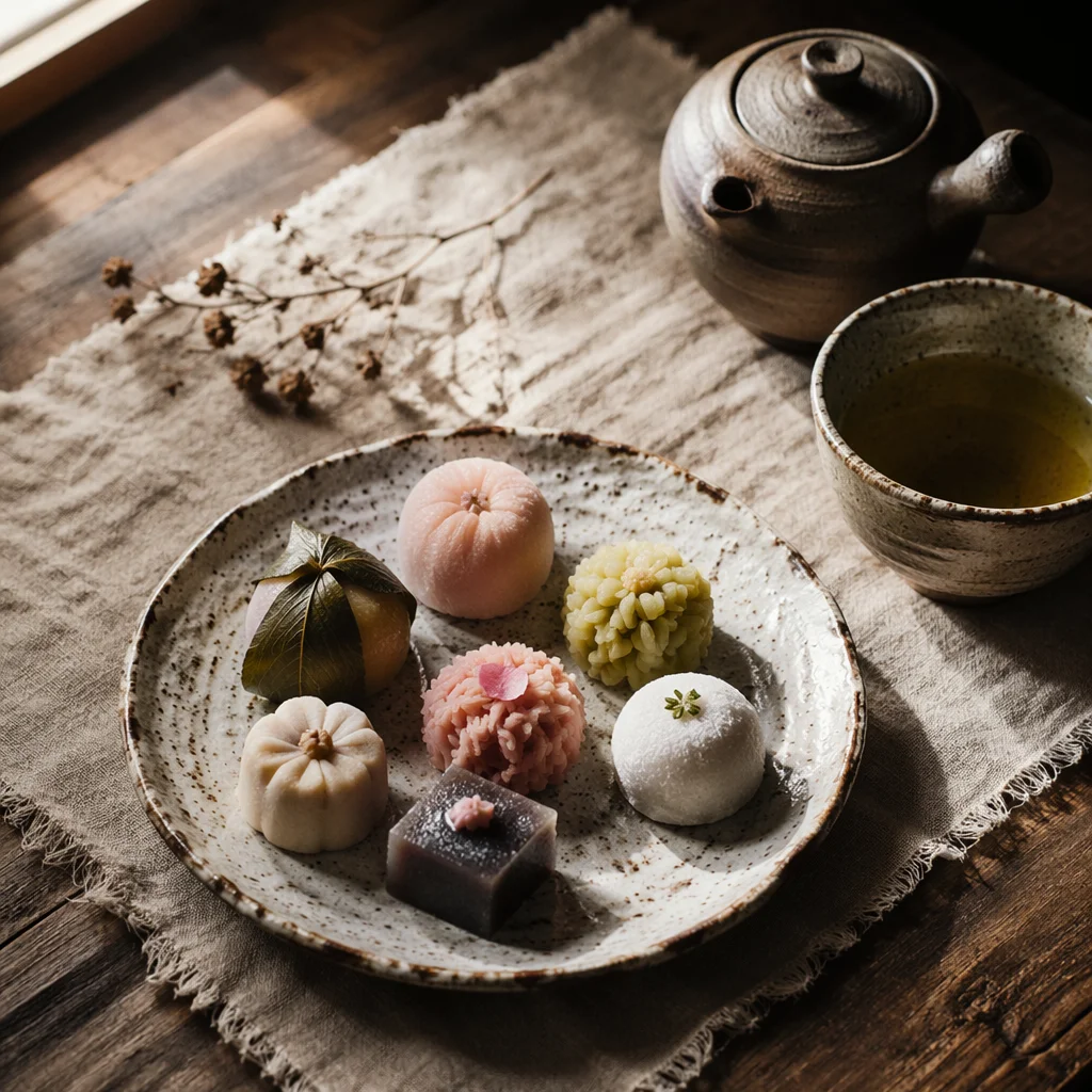 Traditional Japanese Wagashi Tea Ceremony Still Life