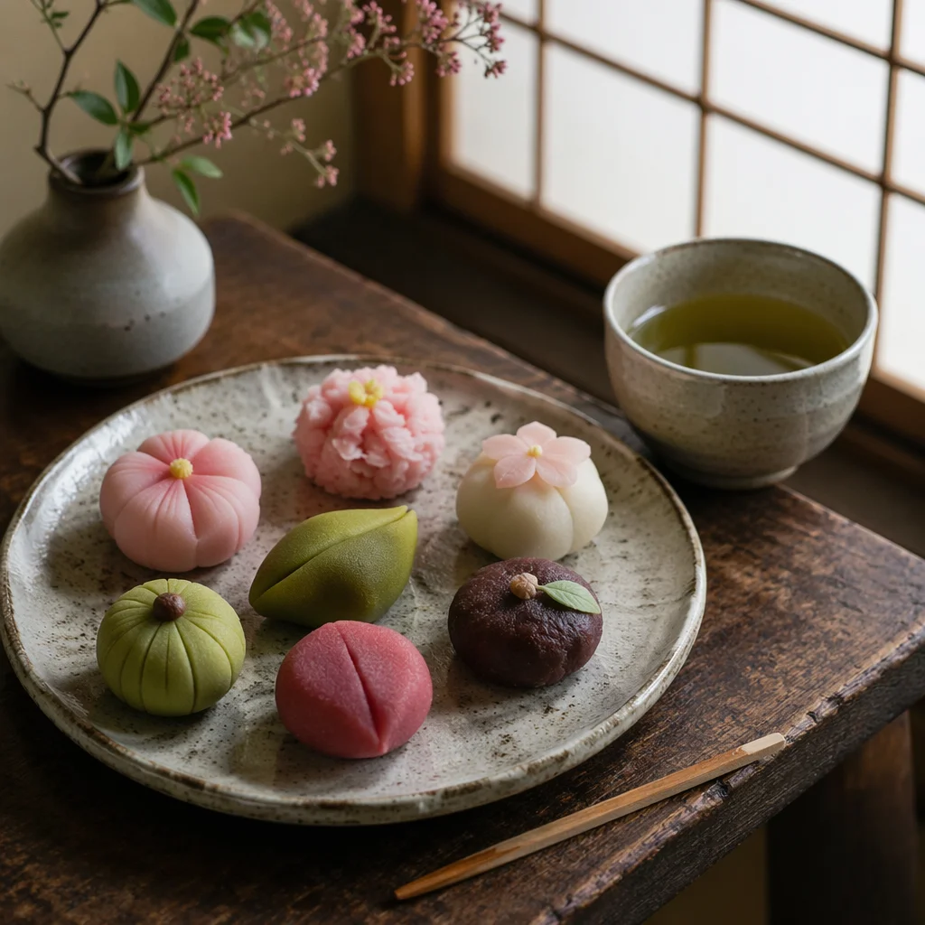 Japanese Wagashi Sweets in Serene Tea Room