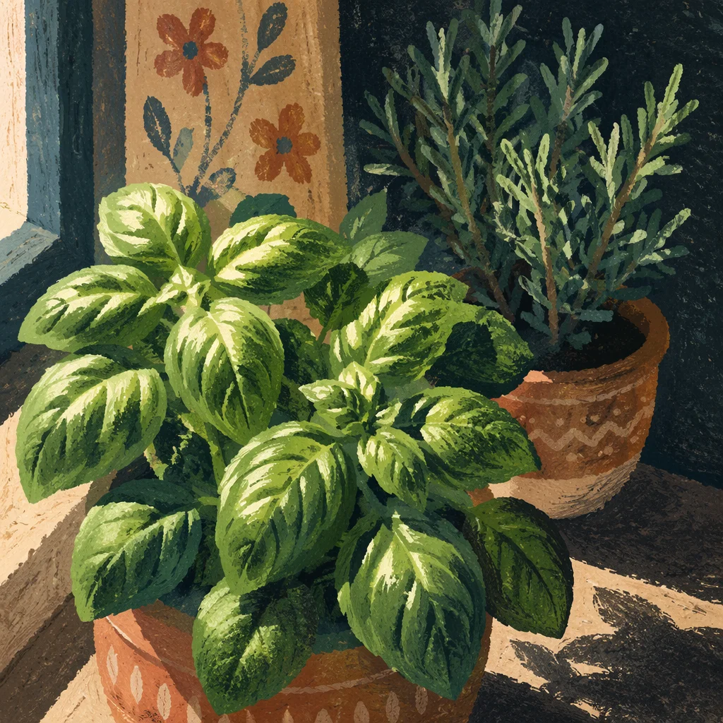 Sunlit Basil and Rosemary on Kitchen Windowsill