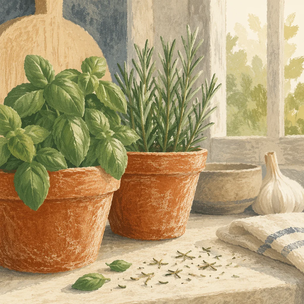 Sunlit Basil and Rosemary on Windowsill