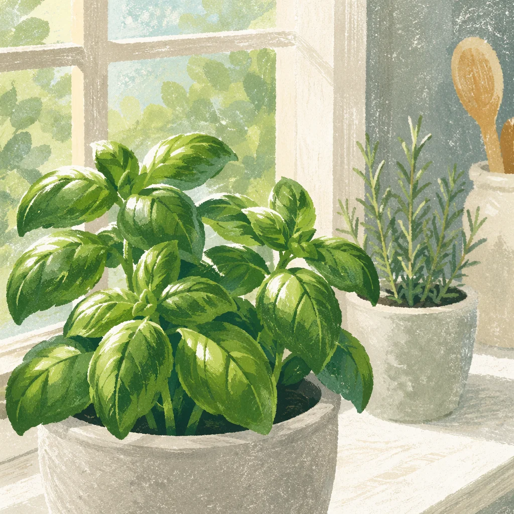 Fresh Basil and Rosemary on Windowsill