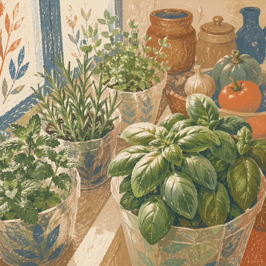 Sunlit Kitchen Herbs on Cozy Windowsill