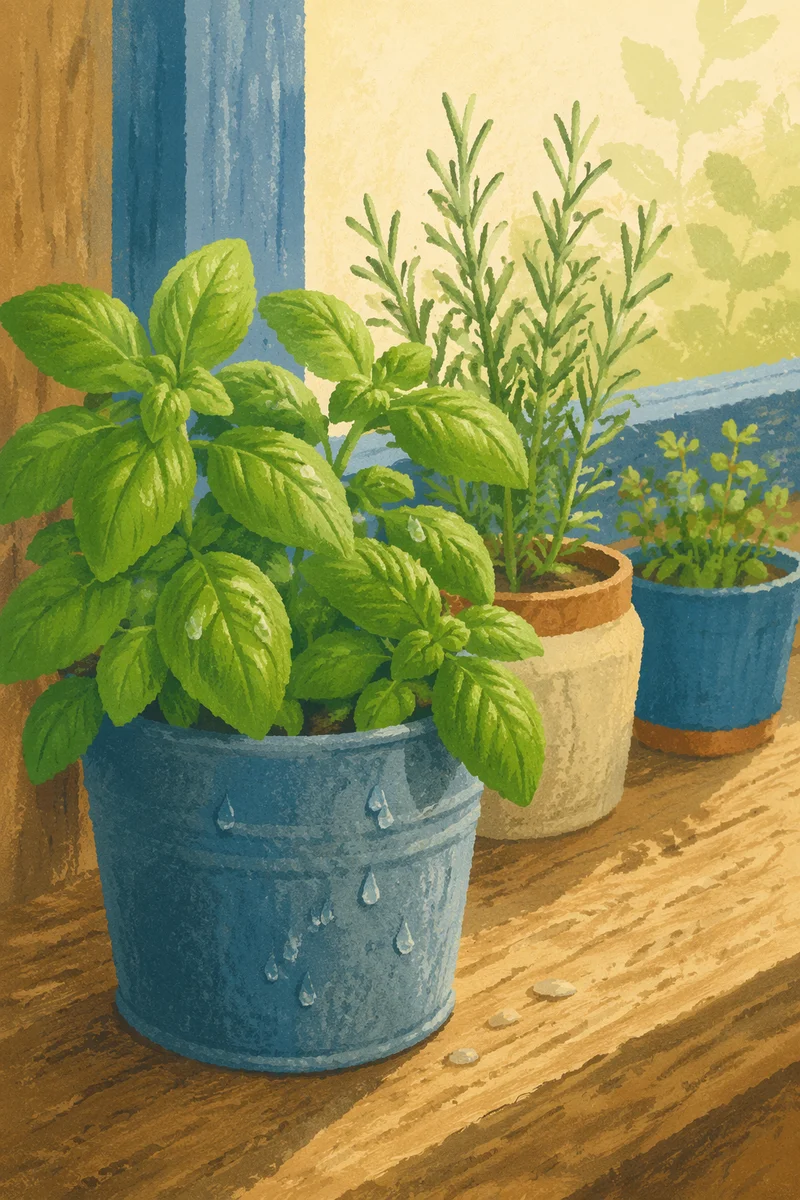 Sunlit Basil and Rosemary Kitchen Herbs