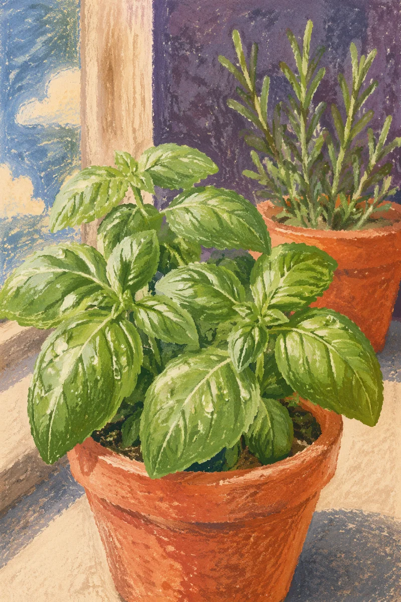 Fresh Basil and Rosemary on Windowsill