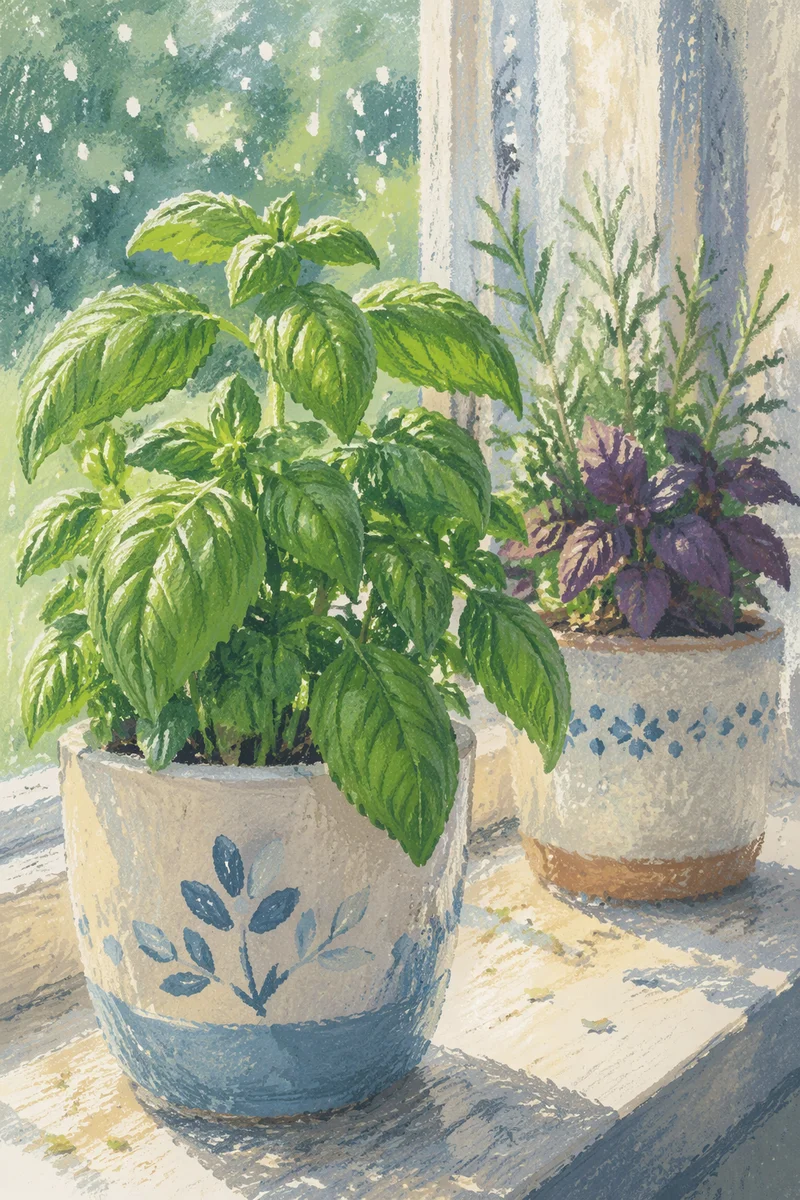 Fresh Basil and Rosemary Windowsill Morning