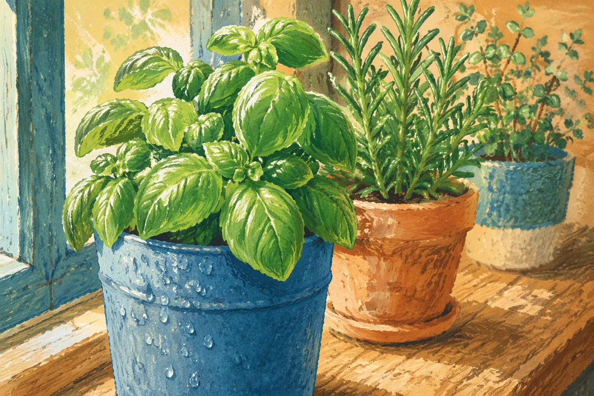 Sunlit Basil and Rosemary on Rustic Windowsill