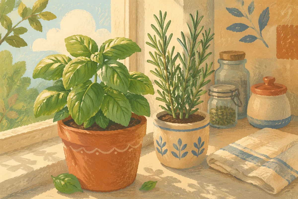 Sunlit Basil and Rosemary on Windowsill