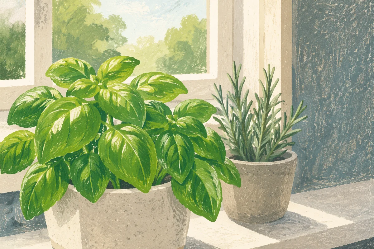 Sunlit Basil and Rosemary on Windowsill