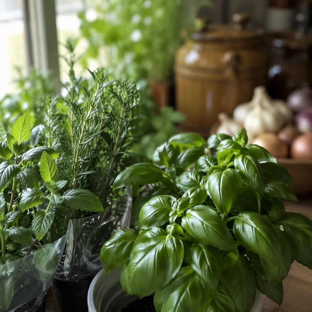 Sunlit Basil and Rosemary Windowsill Garden
