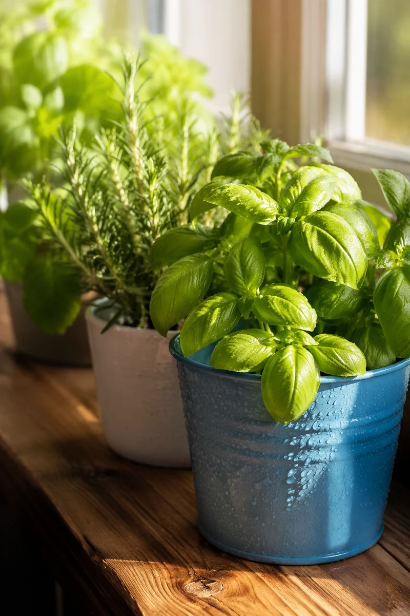 Sunlit Basil and Rosemary on Windowsill