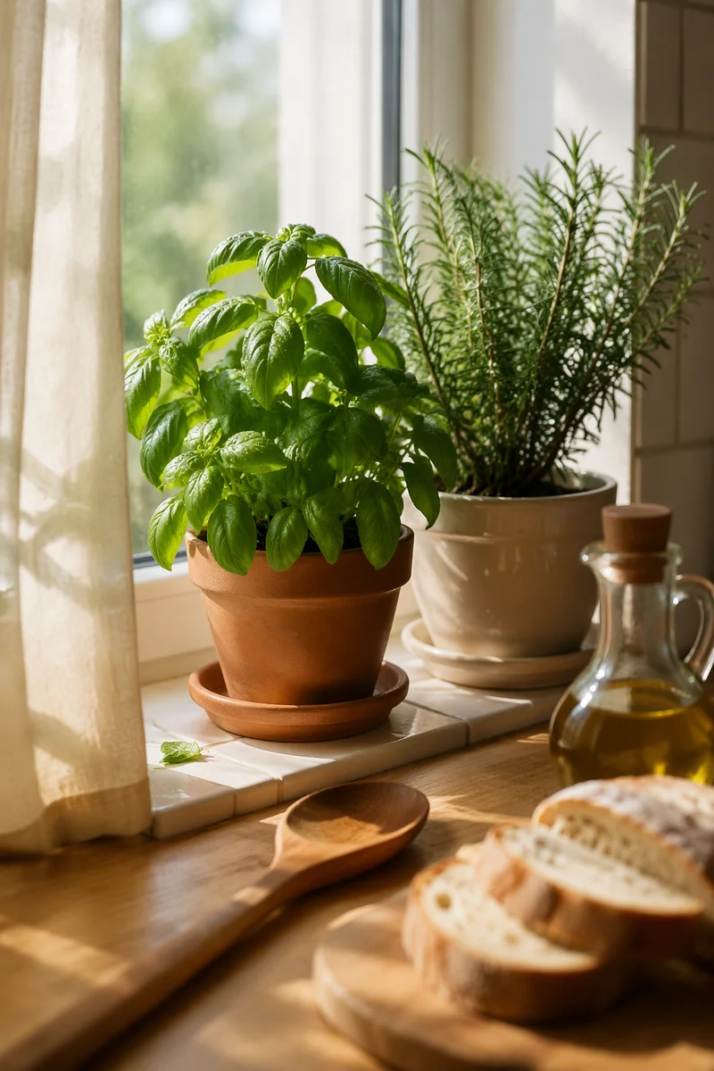 Sunlit Basil and Rosemary Kitchen Windowsill
