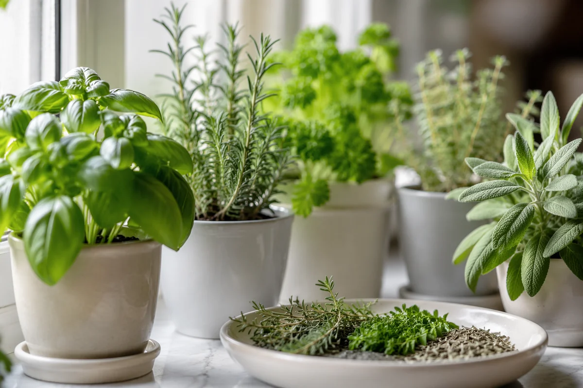 Fresh Kitchen Herbs on Bright Windowsill