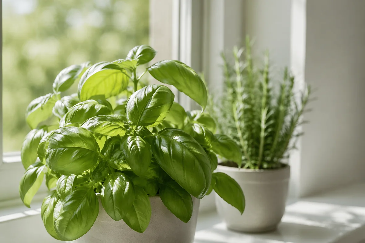 Fresh Basil and Rosemary on Windowsill