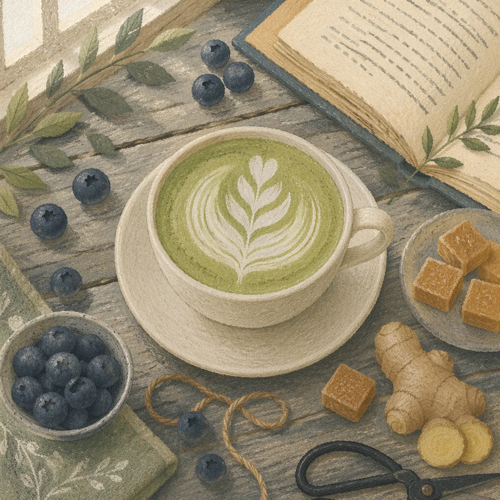 Cozy Matcha Latte Over Rustic Café Table