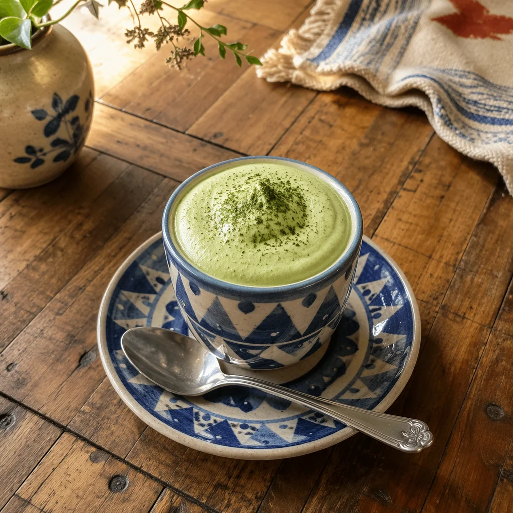 Overhead Matcha Latte on Rustic Wooden Table