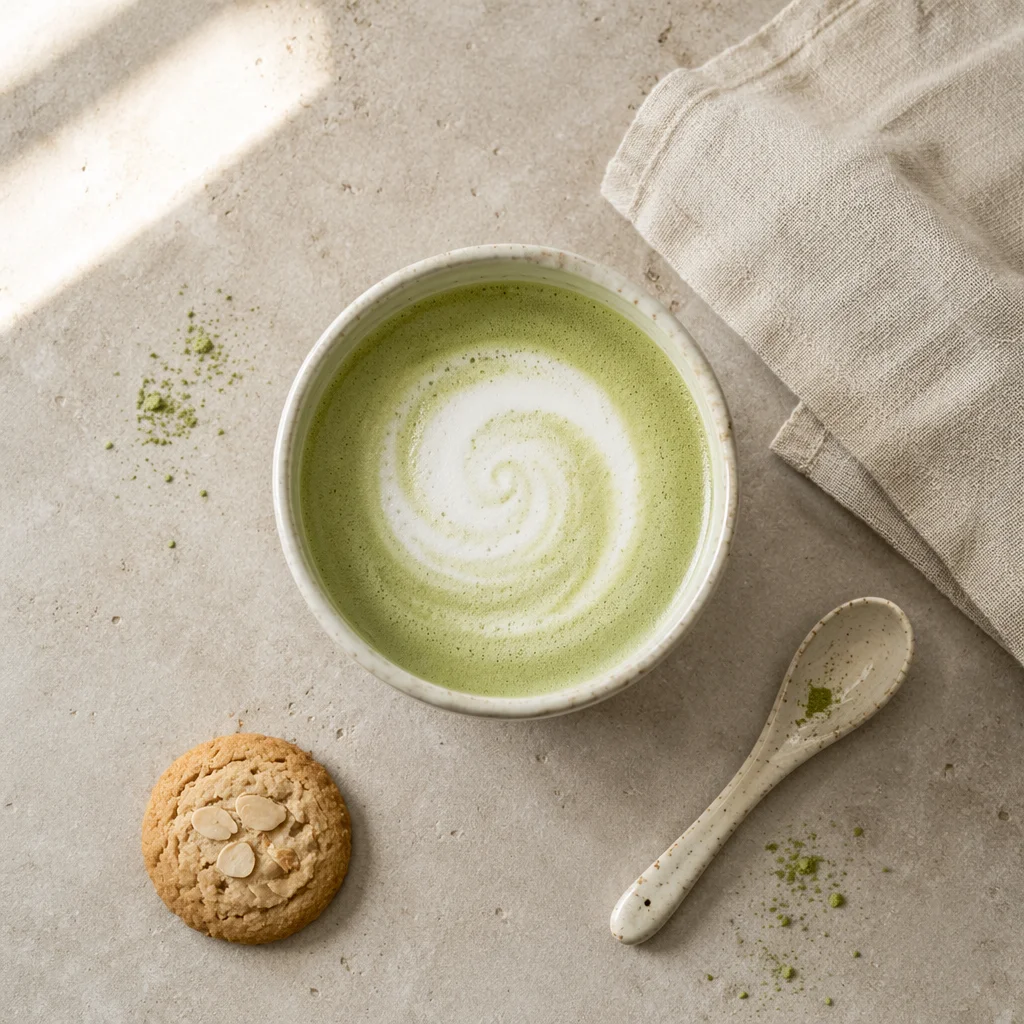 Overhead Matcha Latte in Handmade Ceramic Cup