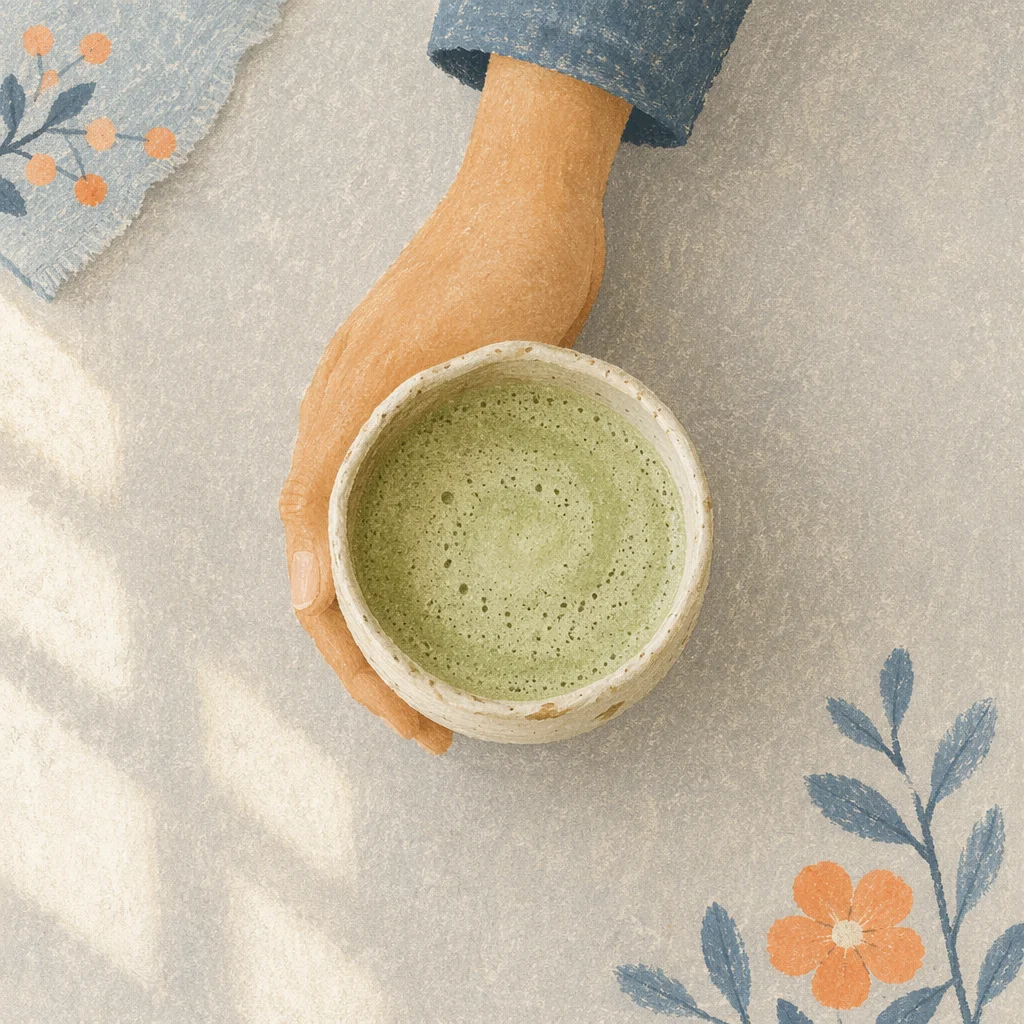 Overhead Matcha Latte in Handmade Ceramic Cup
