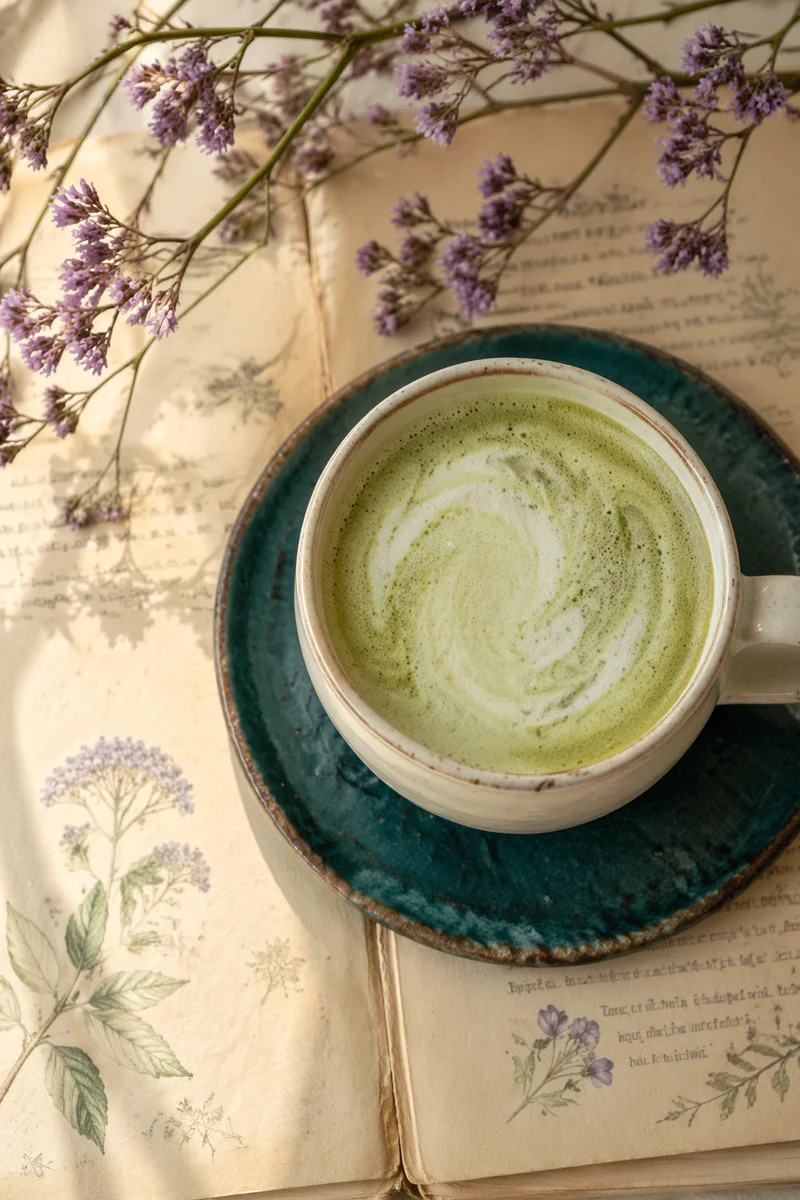 Cozy Matcha Latte on Vintage Botanical Pages