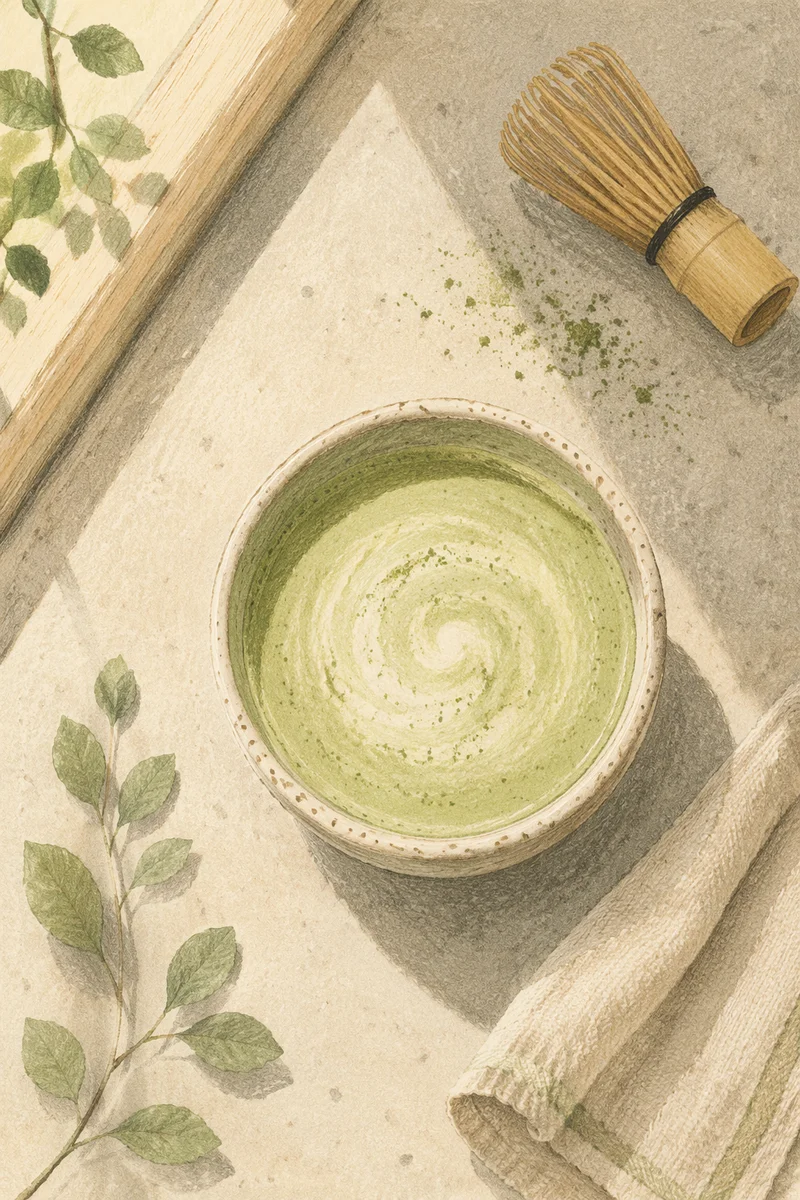 Overhead Matcha Latte in Handmade Ceramic Cup