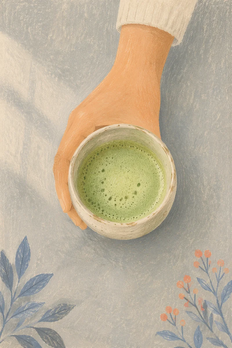 Overhead Matcha Latte in Handmade Ceramic Cup