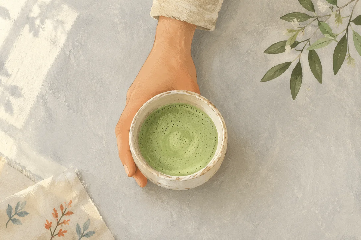 Overhead Matcha Latte in Handmade Ceramic Cup