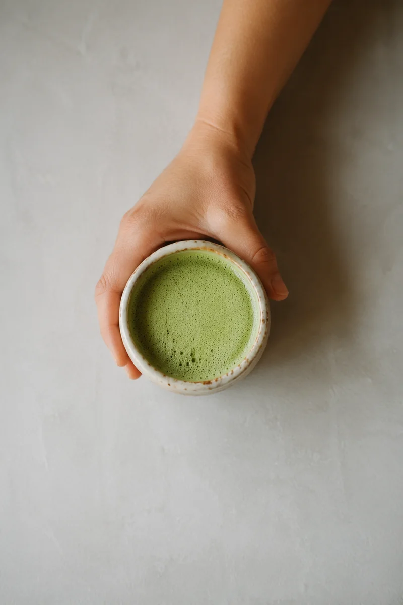 Overhead Matcha Latte in Handmade Ceramic Cup
