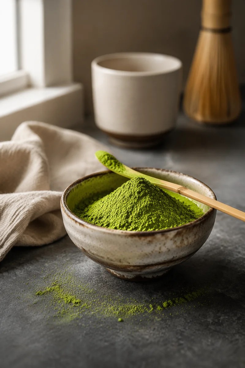Matcha Powder in Ceramic Bowl Closeup