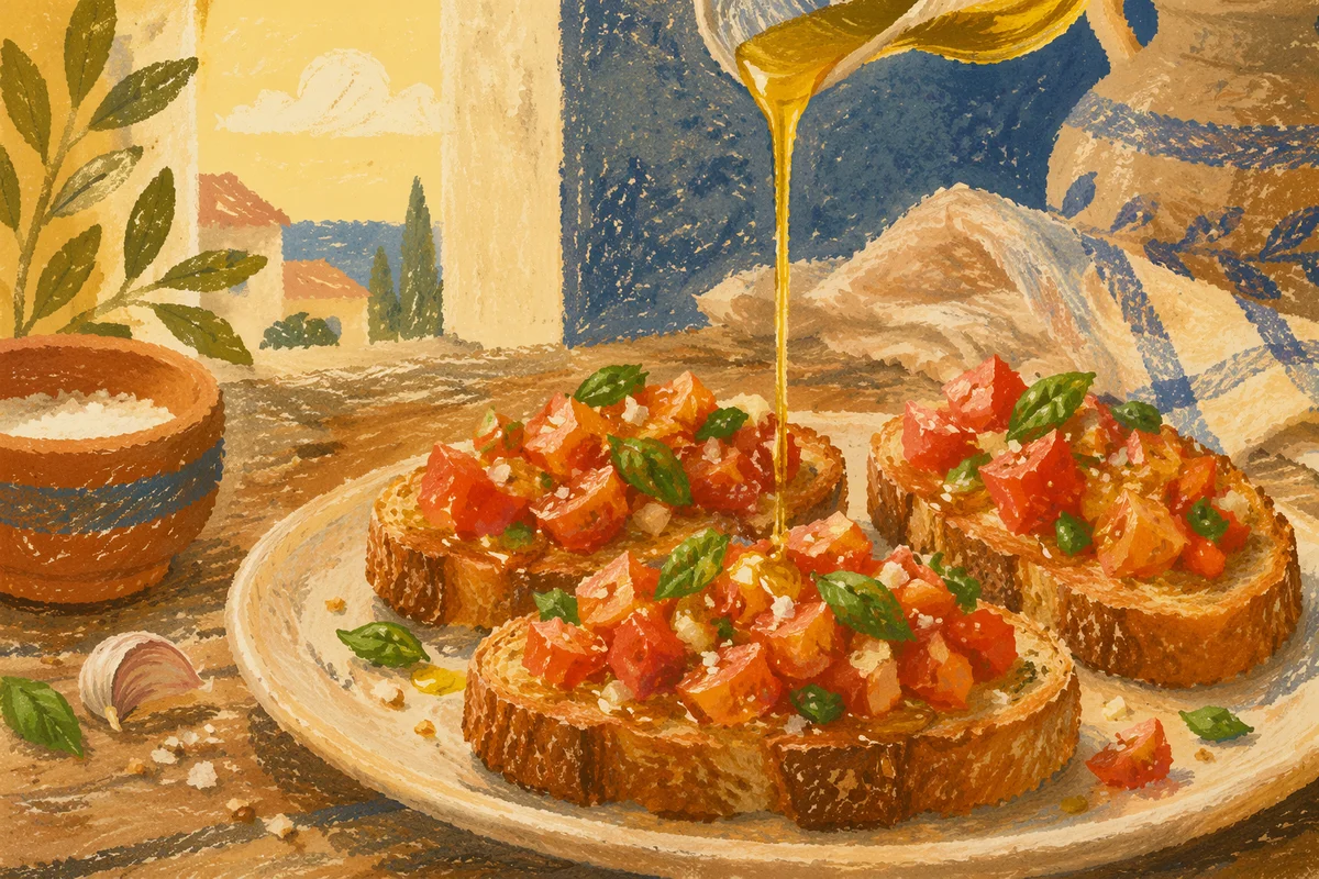 Olive Oil Drizzled Over Rustic Bruschetta