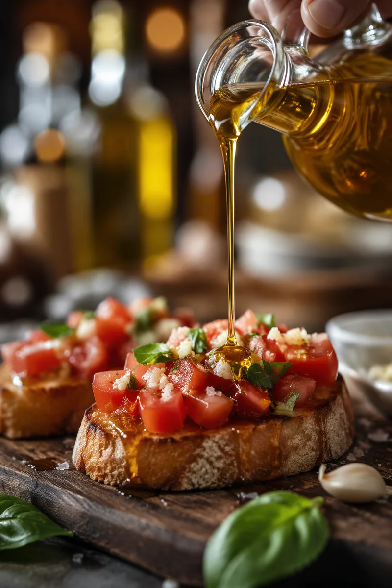 Golden Olive Oil Drizzle on Rustic Bruschetta