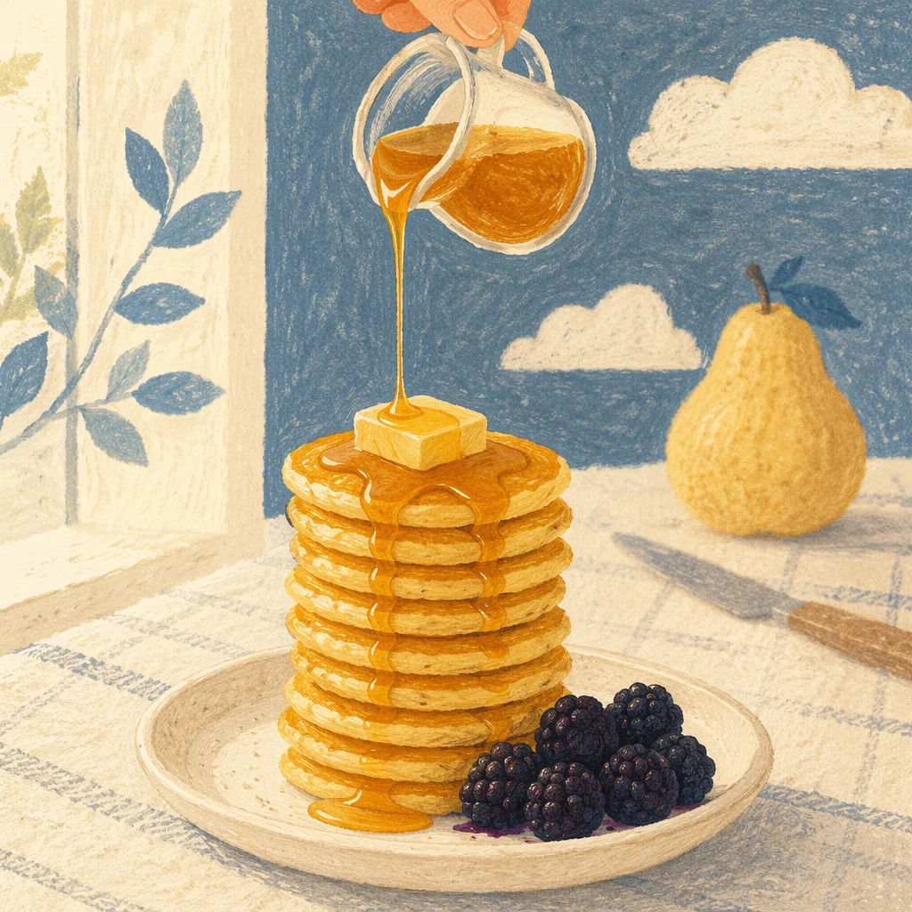 Golden Pancake Stack with Berries and Syrup