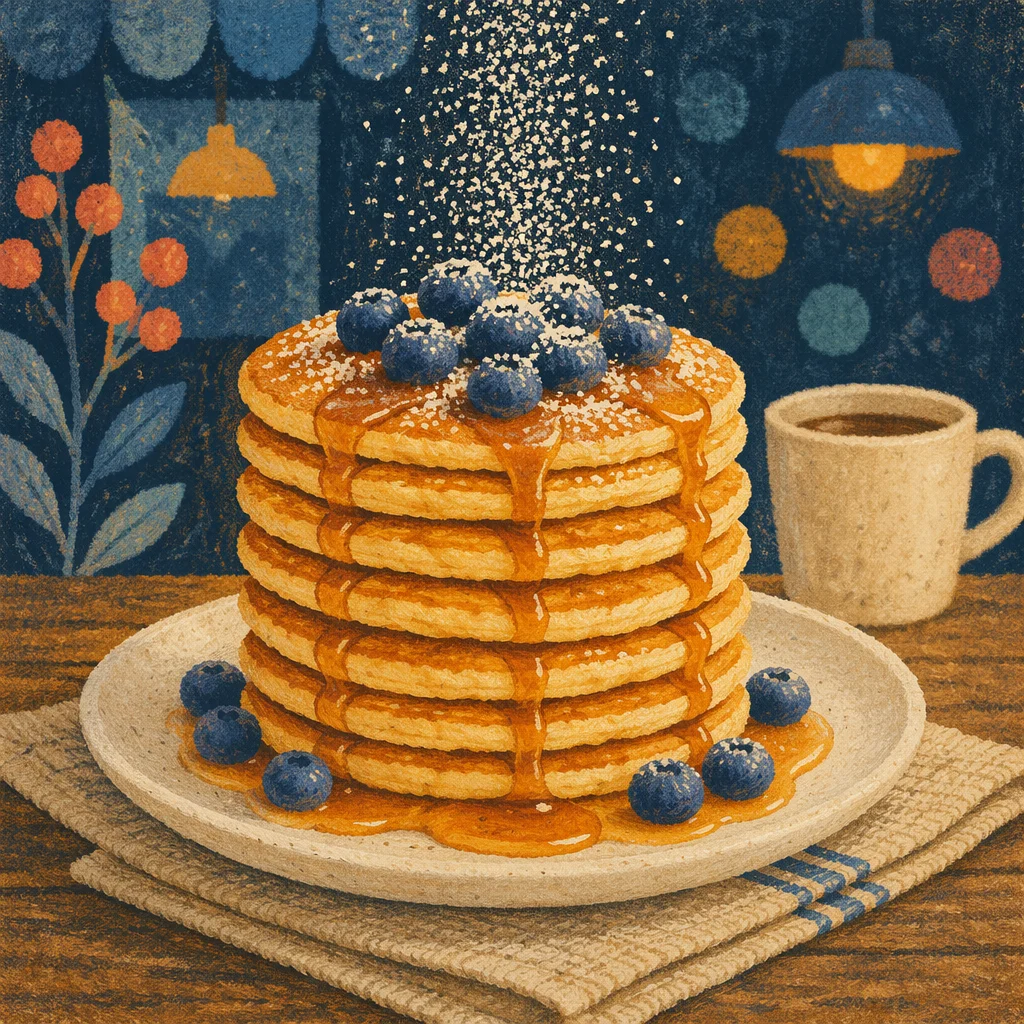 Golden Pancake Stack With Berries and Syrup