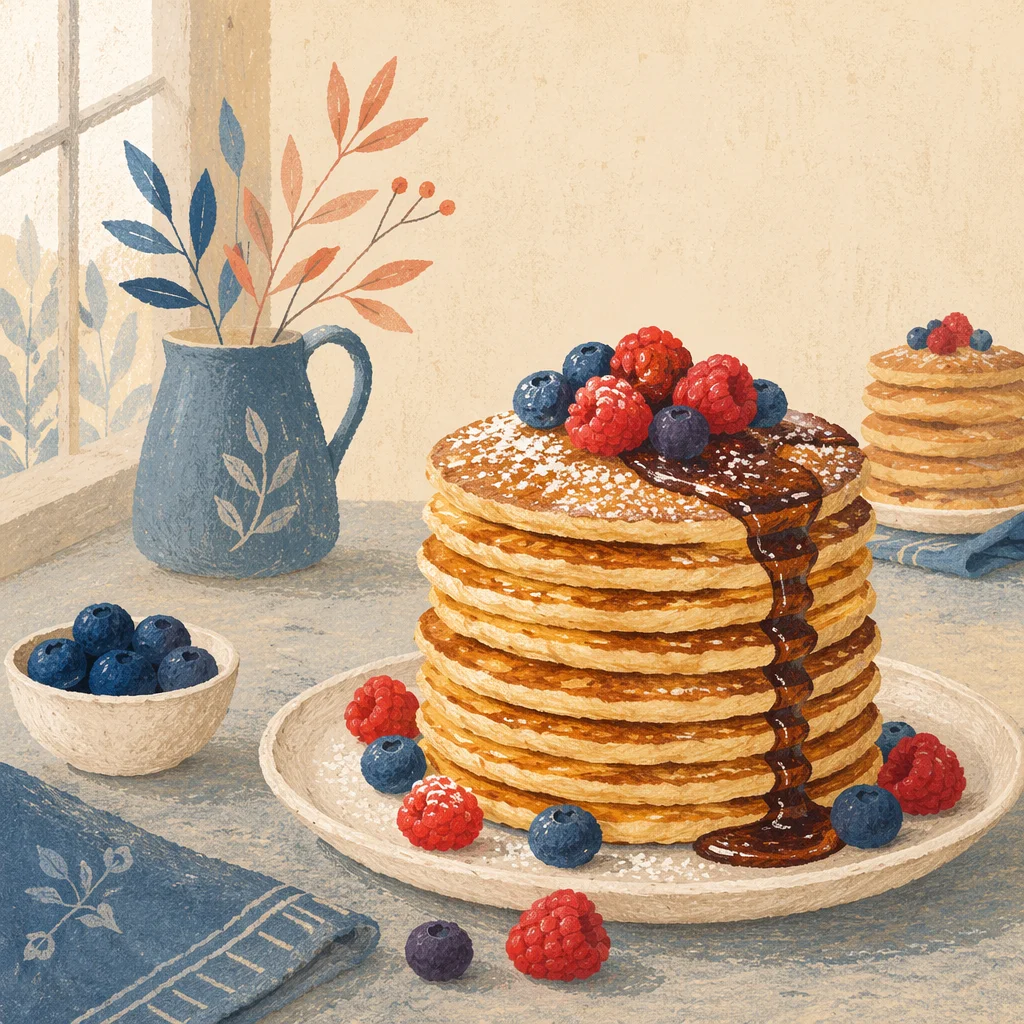 Golden Pancake Stack with Berries and Syrup