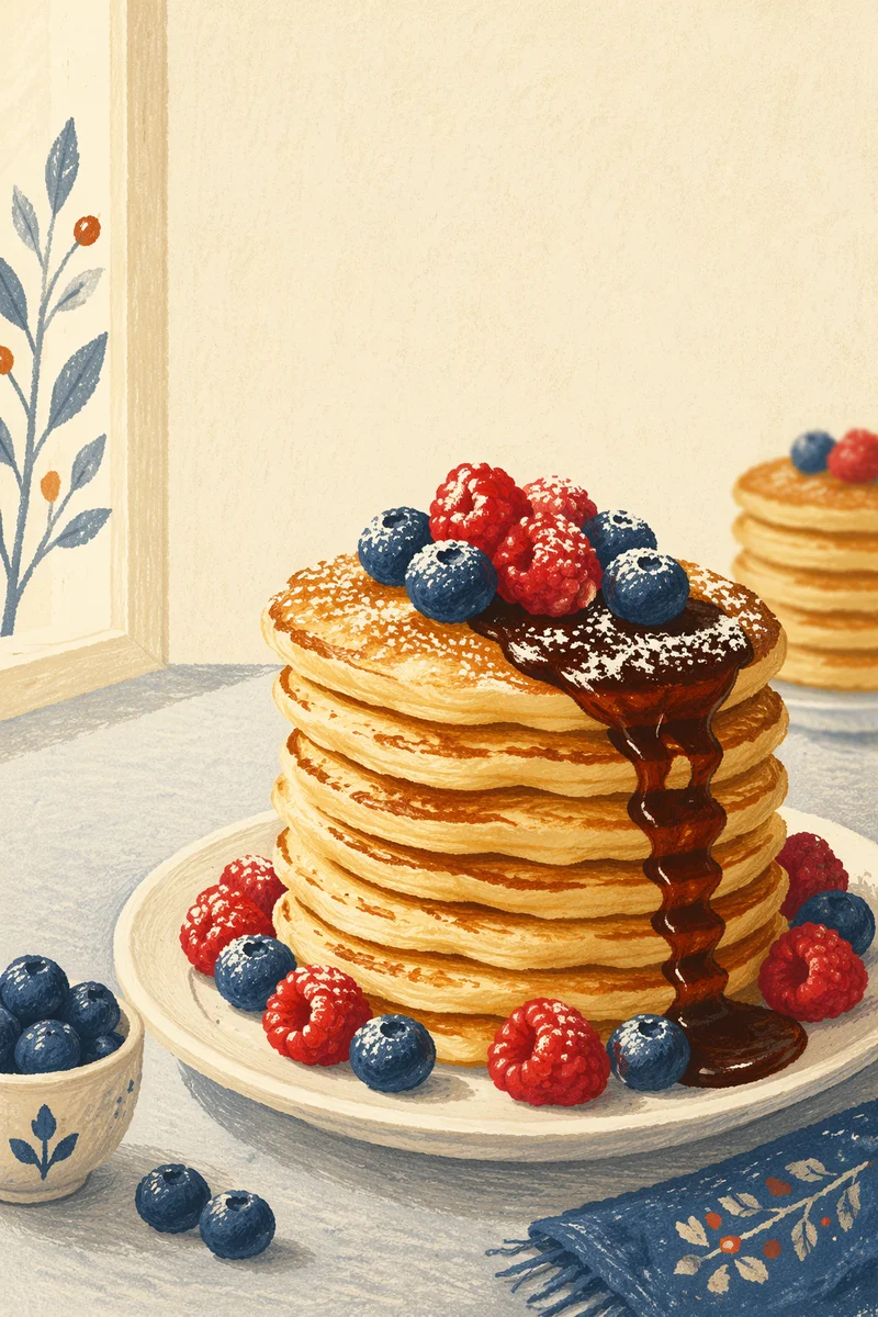 Golden Pancake Stack with Berries Syrup