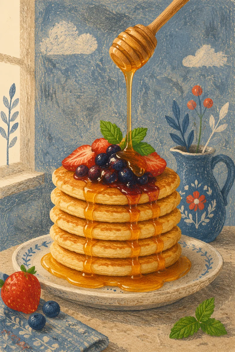 Golden Pancake Stack with Berry Syrup
