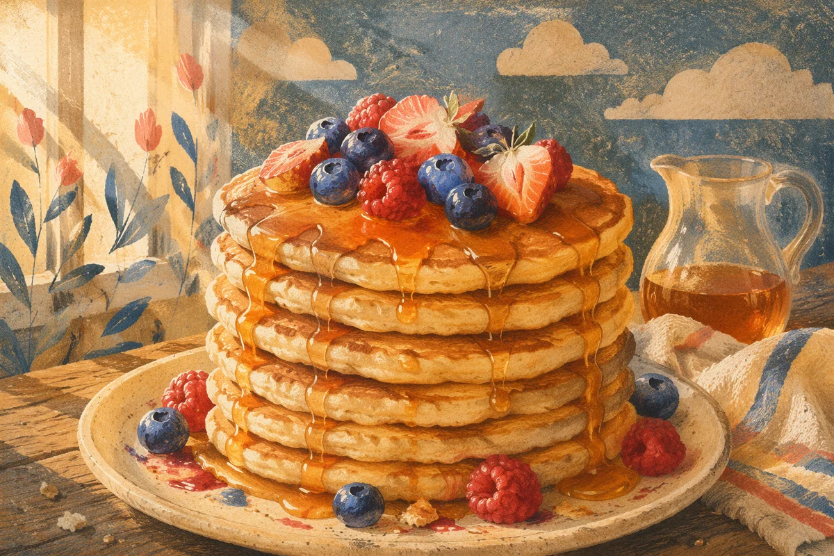 Golden Pancake Stack with Berries and Syrup