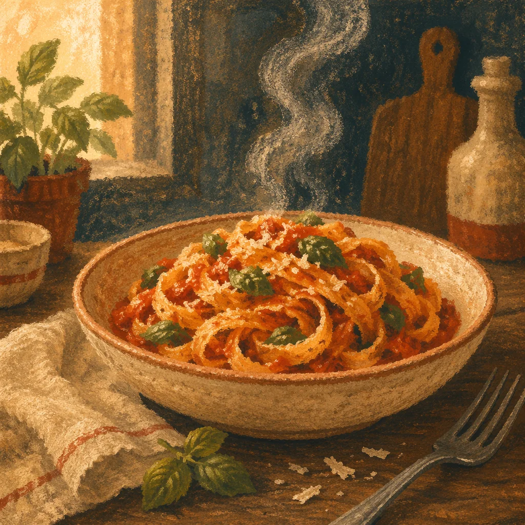 Steaming Rustic Tagliatelle in Tomato Basil Sauce